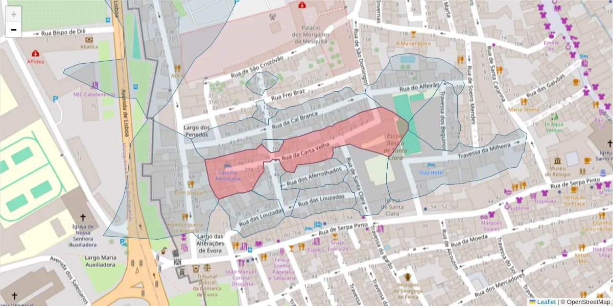 Mapa detalhado do código postal 7000-512 com limites, códigos postais vizinhos e agências dos correios