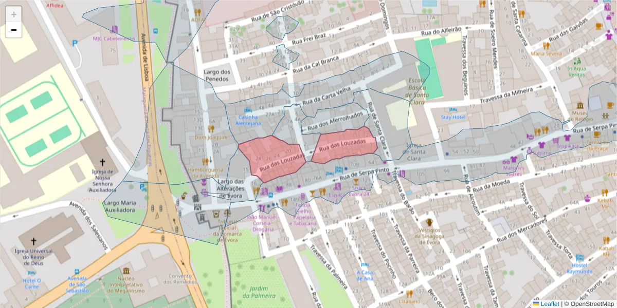 Mapa detalhado do código postal 7000-515 com limites, códigos postais vizinhos e agências dos correios
