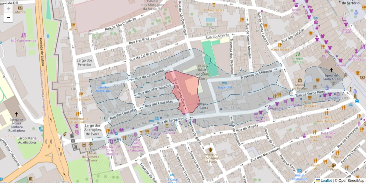 Mapa detalhado do código postal 7000-517 com limites, códigos postais vizinhos e agências dos correios