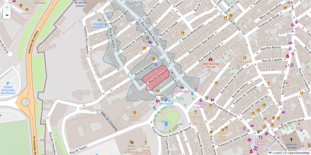 Mapa detalhado do código postal 7000-520 com limites, códigos postais vizinhos e agências dos correios