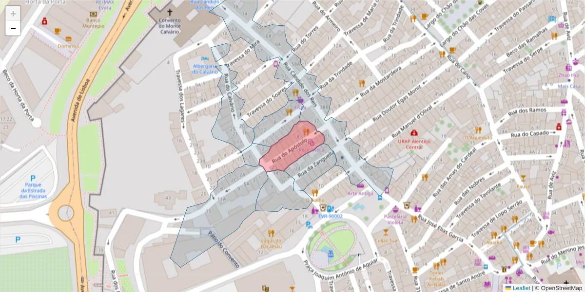 Mapa detalhado do código postal 7000-528 com limites, códigos postais vizinhos e agências dos correios