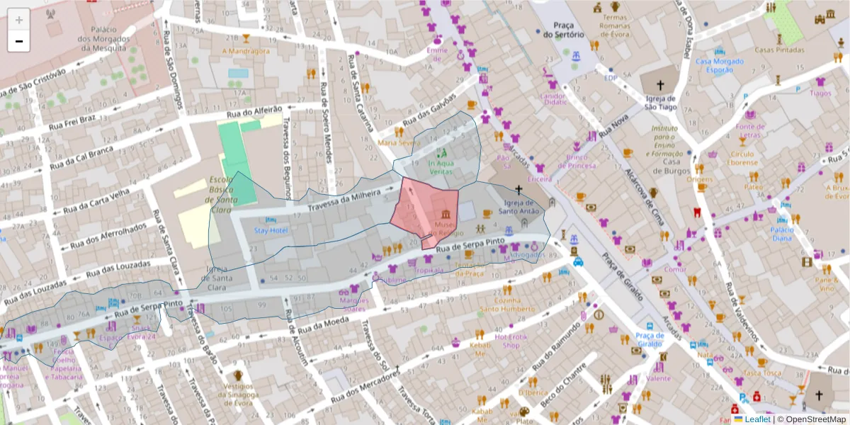 Mapa detalhado do código postal 7000-529 com limites, códigos postais vizinhos e agências dos correios