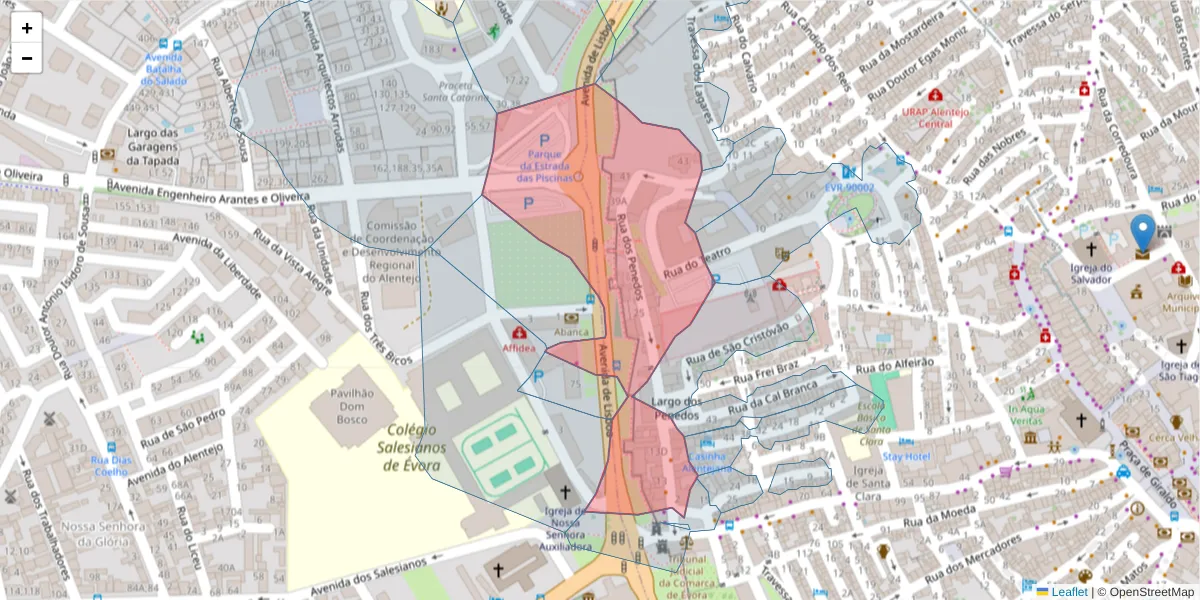 Mapa detalhado do código postal 7000-531 com limites, códigos postais vizinhos e agências dos correios