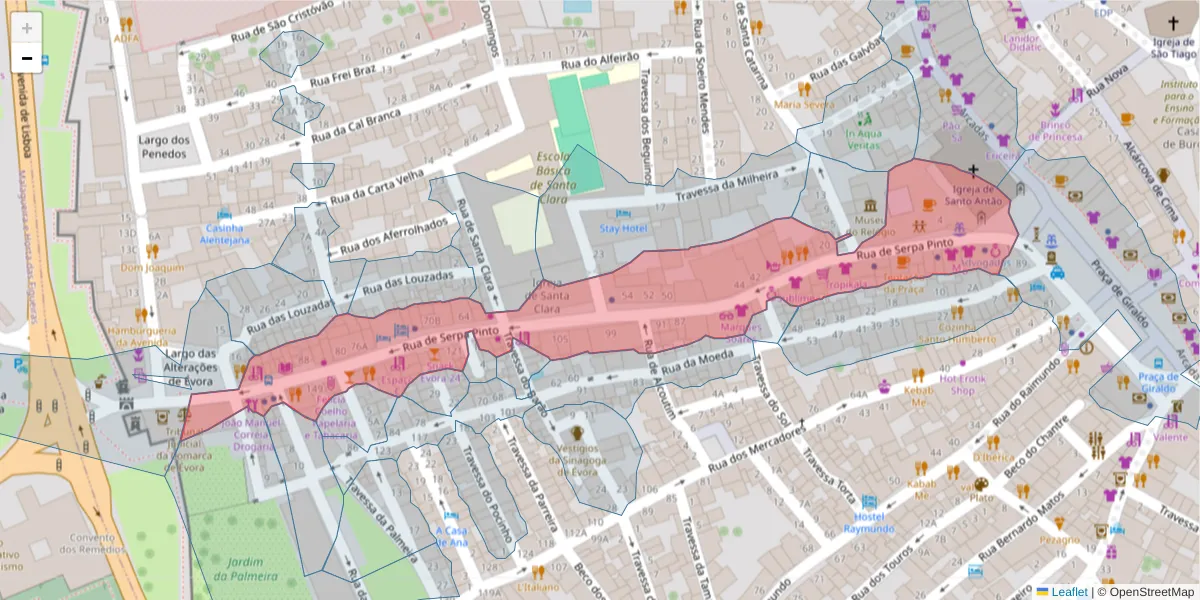 Mapa detalhado do código postal 7000-537 com limites, códigos postais vizinhos e agências dos correios