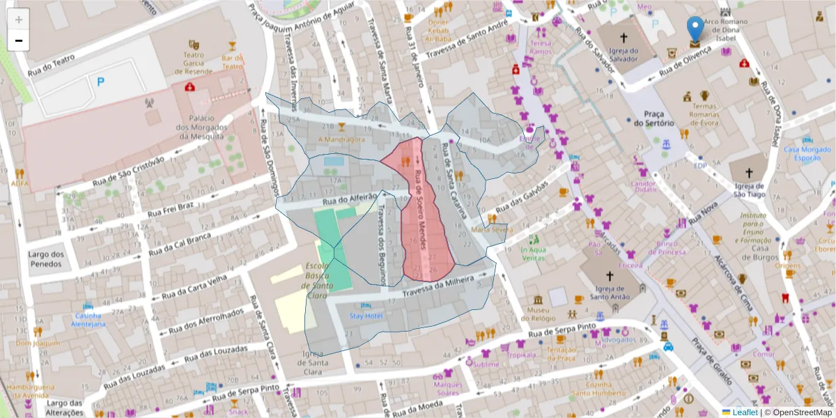 Mapa detalhado do código postal 7000-538 com limites, códigos postais vizinhos e agências dos correios