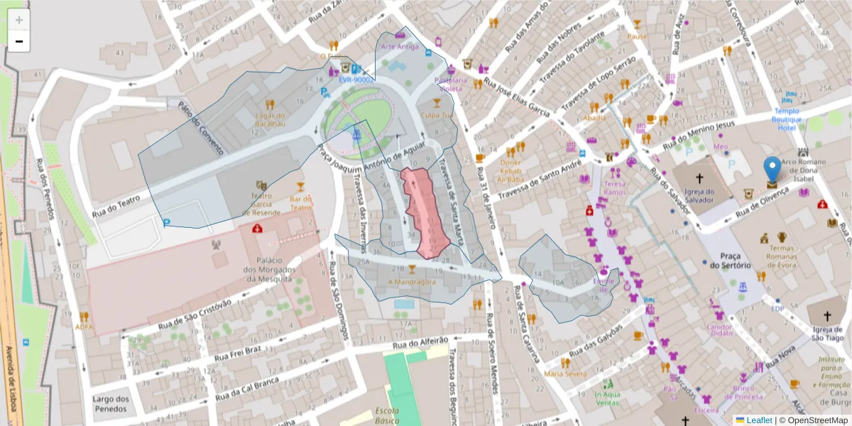 Mapa detalhado do código postal 7000-541 com limites, códigos postais vizinhos e agências dos correios