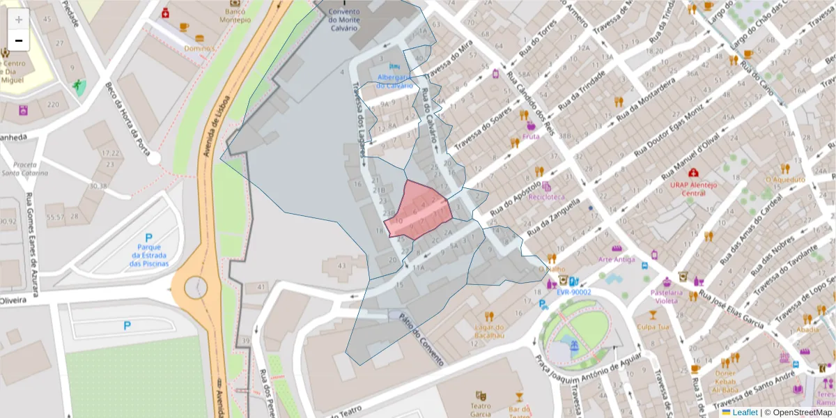 Mapa detalhado do código postal 7000-548 com limites, códigos postais vizinhos e agências dos correios