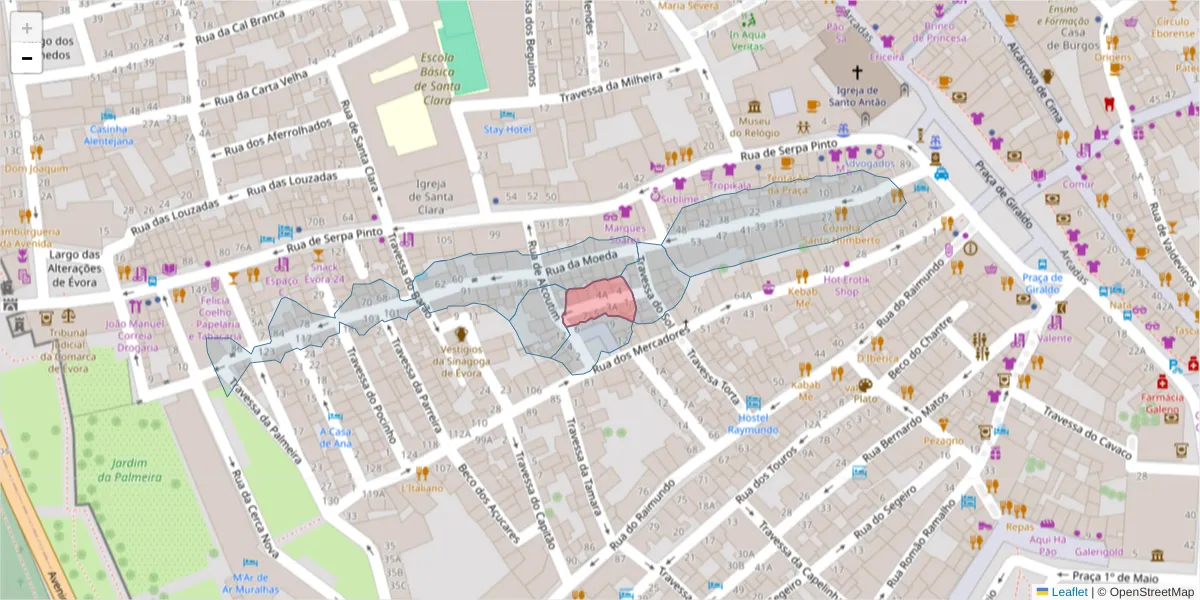 Mapa detalhado do código postal 7000-551 com limites, códigos postais vizinhos e agências dos correios