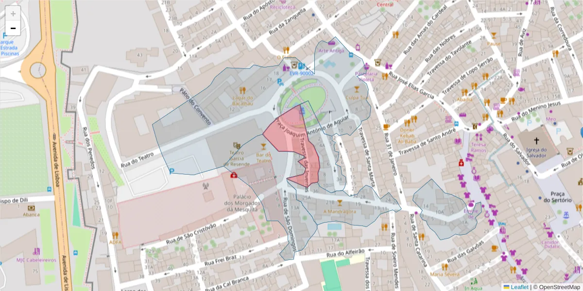 Mapa detalhado do código postal 7000-552 com limites, códigos postais vizinhos e agências dos correios