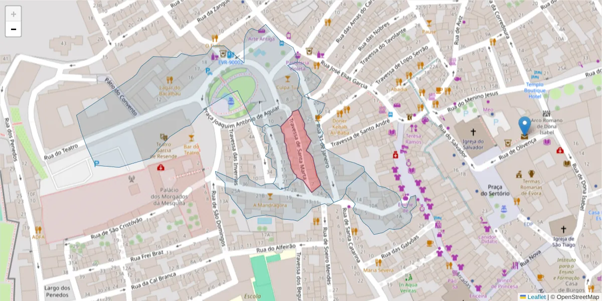 Mapa detalhado do código postal 7000-553 com limites, códigos postais vizinhos e agências dos correios