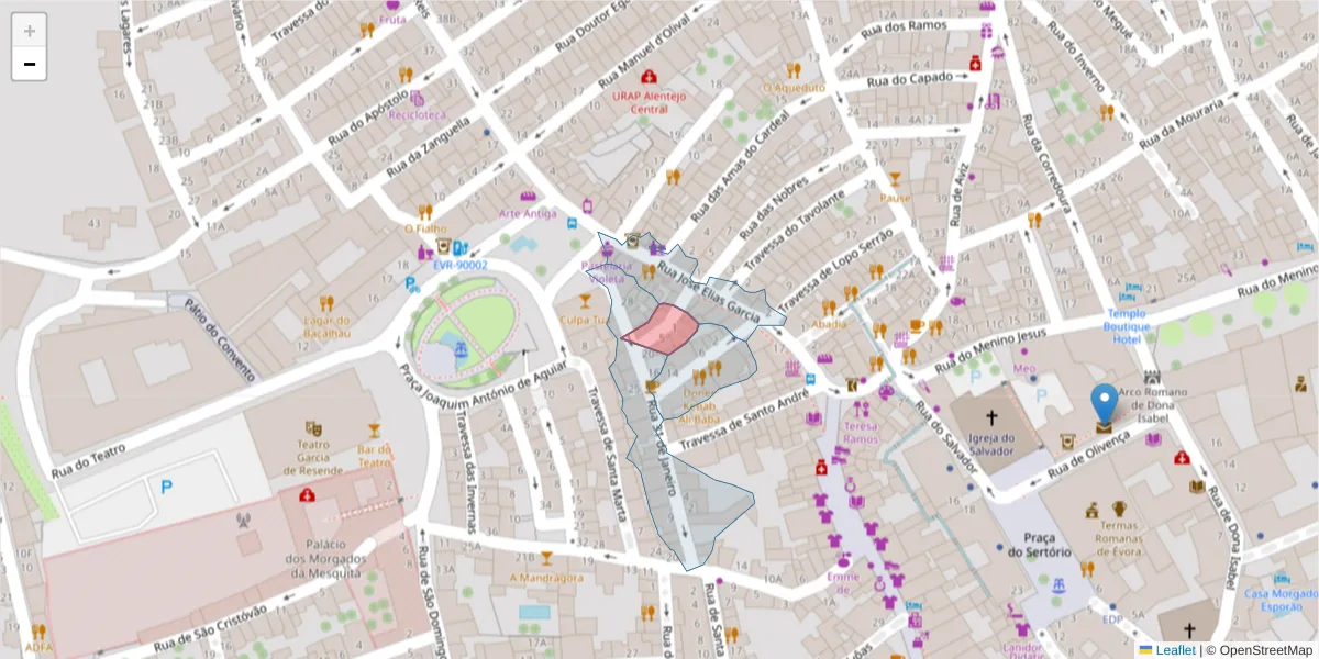 Mapa detalhado do código postal 7000-555 com limites, códigos postais vizinhos e agências dos correios