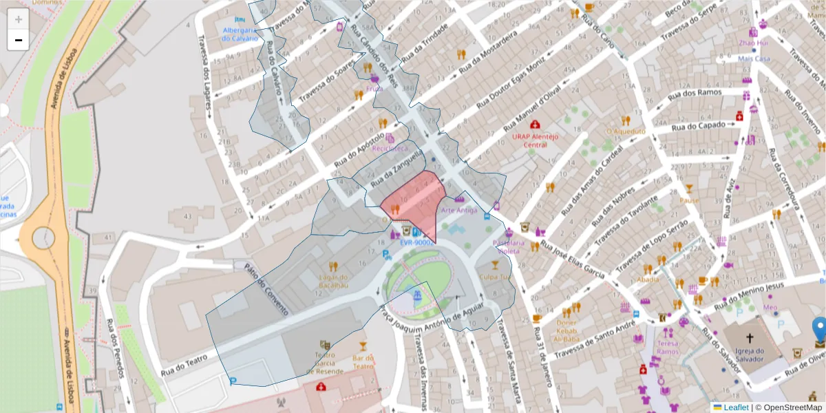 Mapa detalhado do código postal 7000-557 com limites, códigos postais vizinhos e agências dos correios