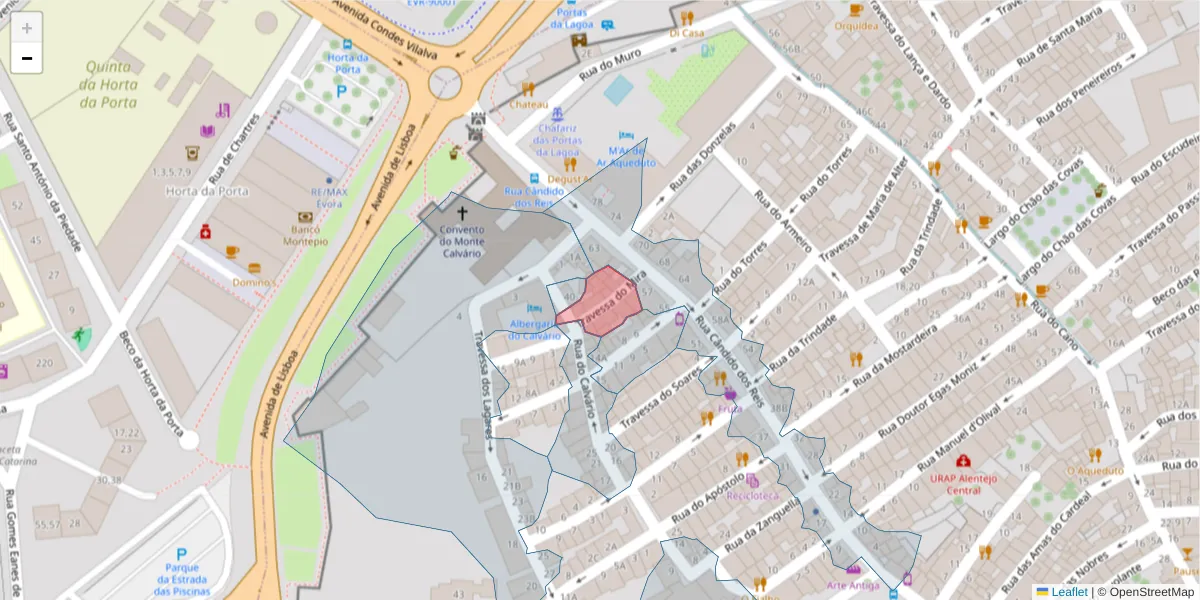 Mapa detalhado do código postal 7000-558 com limites, códigos postais vizinhos e agências dos correios