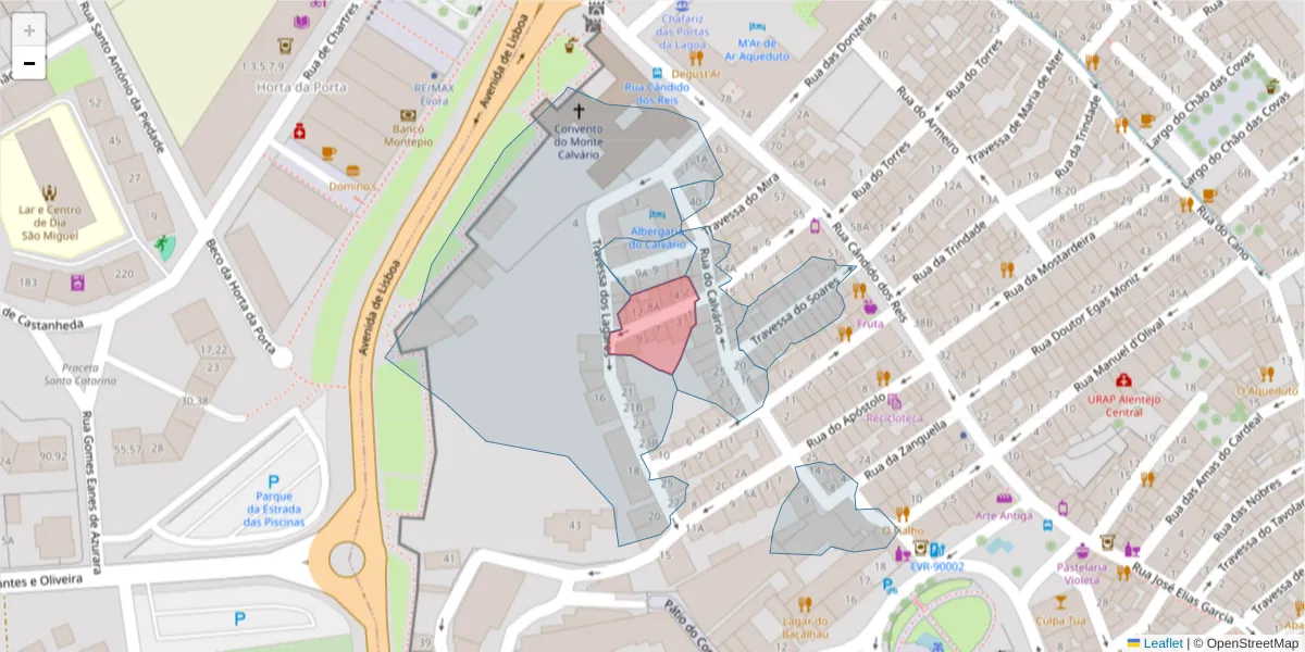 Mapa detalhado do código postal 7000-560 com limites, códigos postais vizinhos e agências dos correios