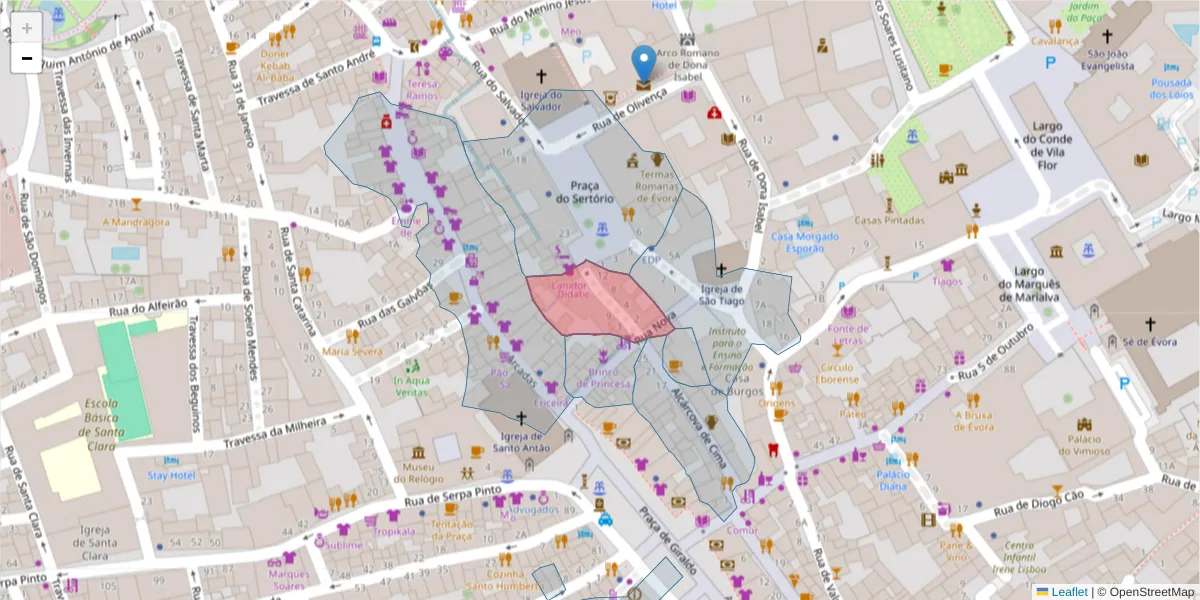 Mapa detalhado do código postal 7000-561 com limites, códigos postais vizinhos e agências dos correios