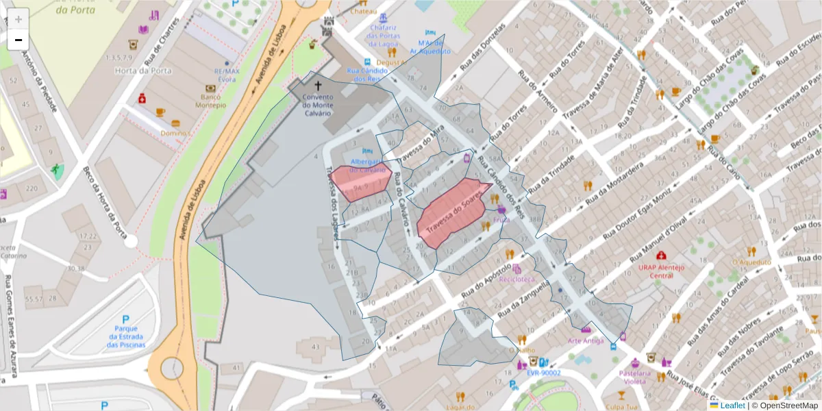 Mapa detalhado do código postal 7000-562 com limites, códigos postais vizinhos e agências dos correios