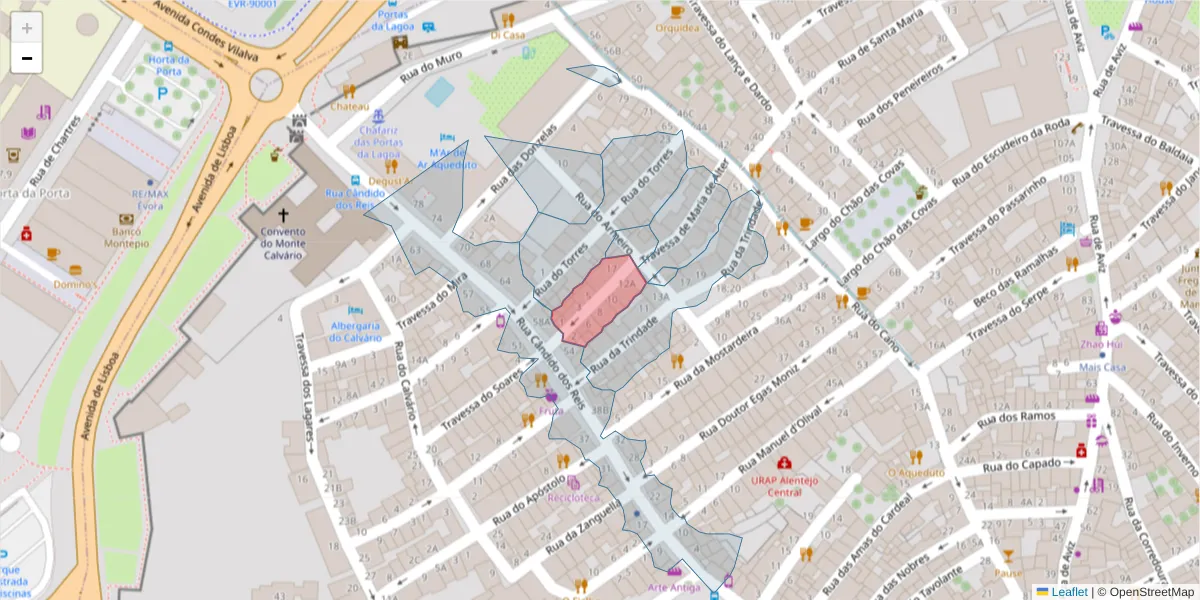 Mapa detalhado do código postal 7000-580 com limites, códigos postais vizinhos e agências dos correios