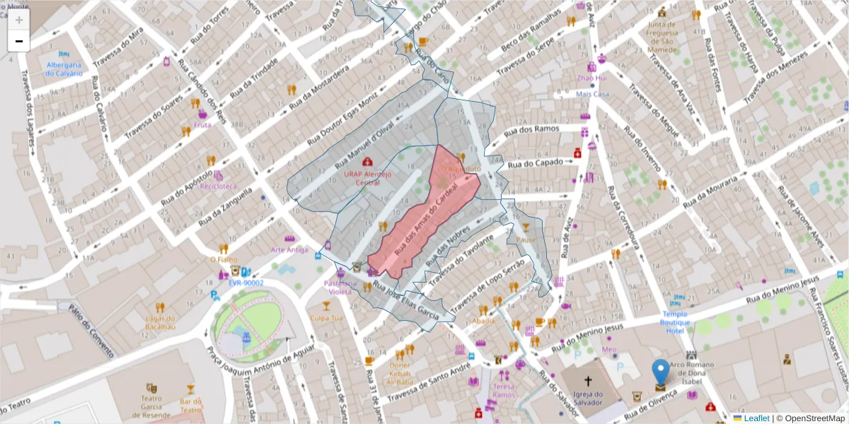 Mapa detalhado do código postal 7000-581 com limites, códigos postais vizinhos e agências dos correios
