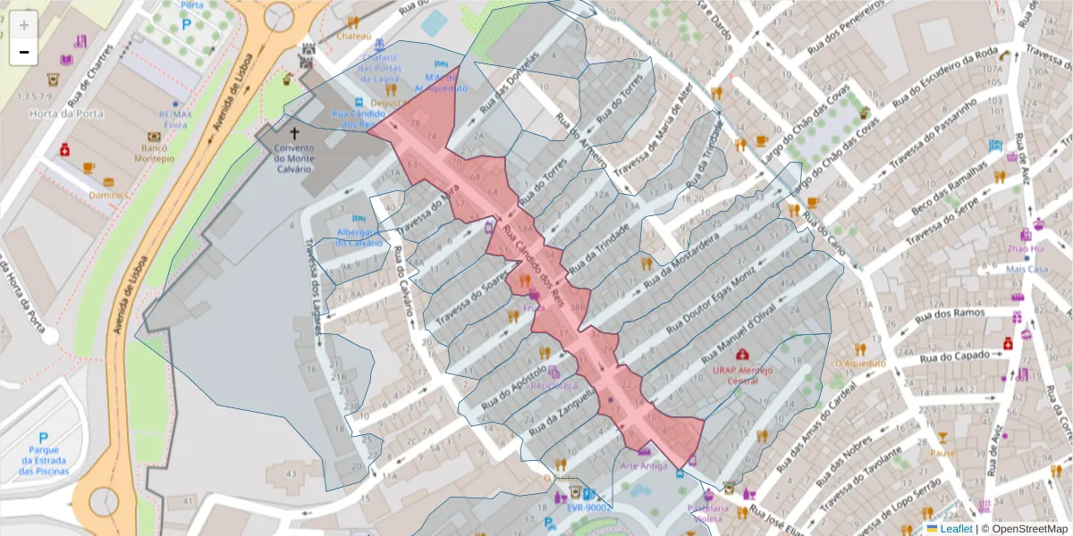 Mapa detalhado do código postal 7000-582 com limites, códigos postais vizinhos e agências dos correios