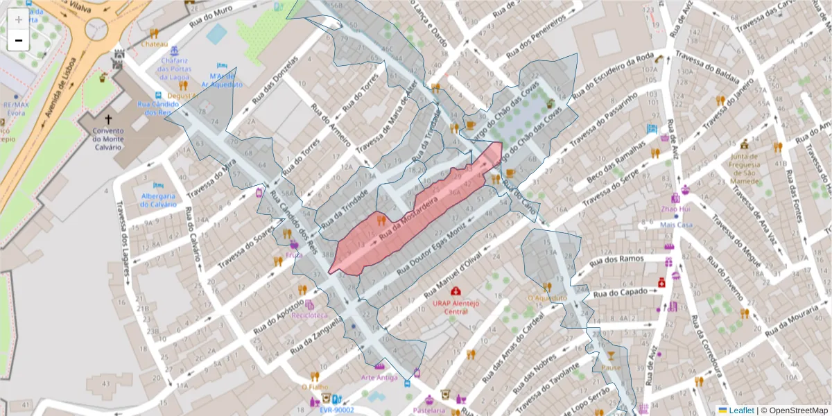 Mapa detalhado do código postal 7000-584 com limites, códigos postais vizinhos e agências dos correios