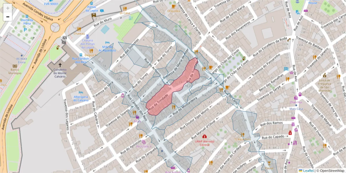 Mapa detalhado do código postal 7000-586 com limites, códigos postais vizinhos e agências dos correios