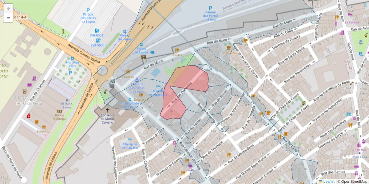 Mapa detalhado do código postal 7000-588 com limites, códigos postais vizinhos e agências dos correios