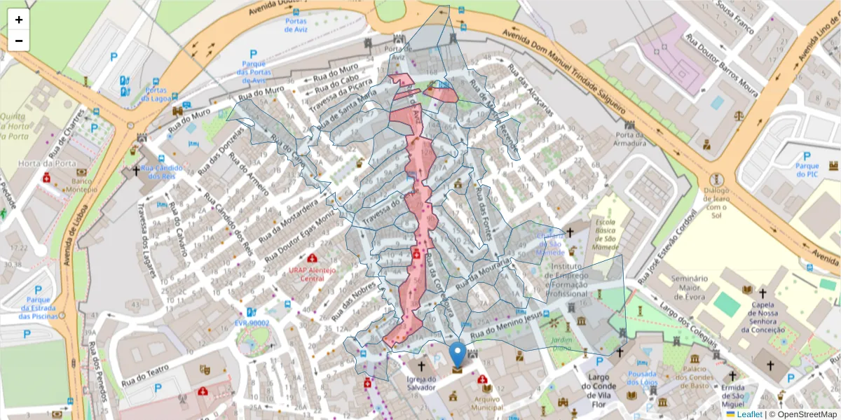 Mapa detalhado do código postal 7000-591 com limites, códigos postais vizinhos e agências dos correios