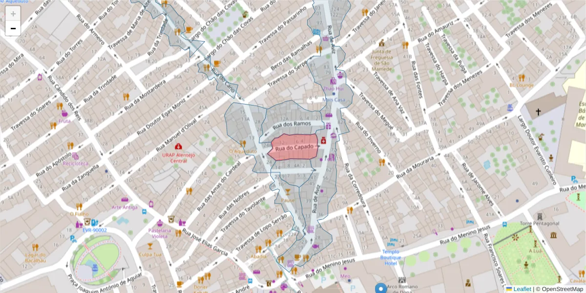 Mapa detalhado do código postal 7000-597 com limites, códigos postais vizinhos e agências dos correios