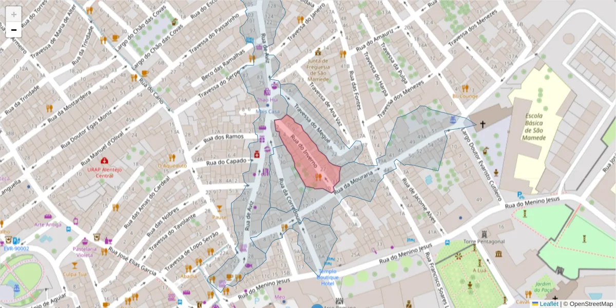 Mapa detalhado do código postal 7000-599 com limites, códigos postais vizinhos e agências dos correios