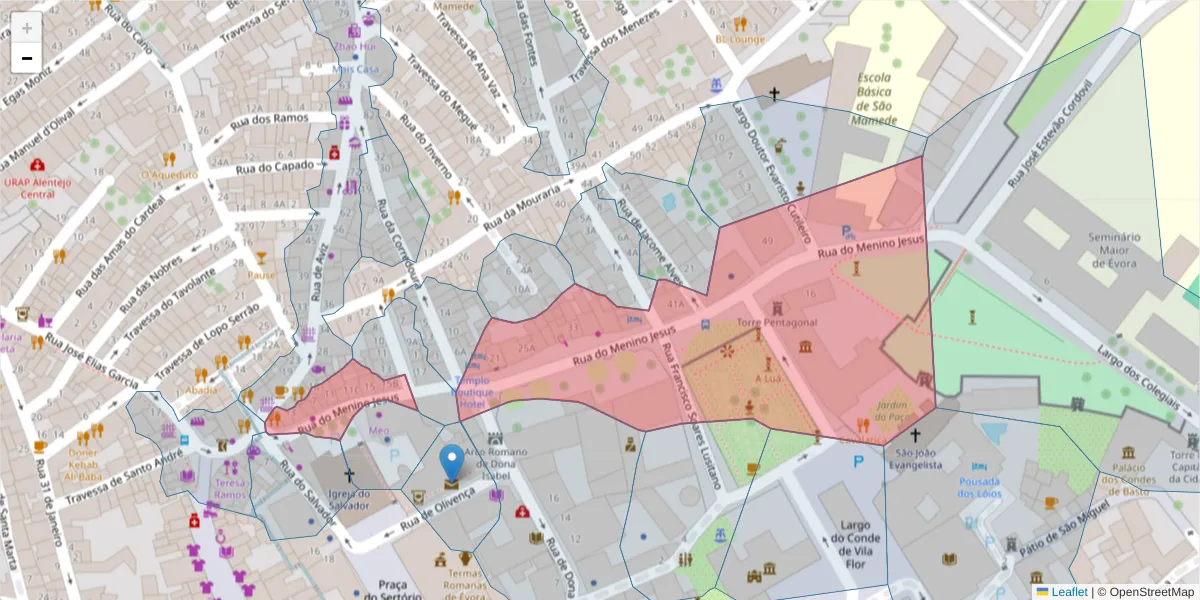 Mapa detalhado do código postal 7000-601 com limites, códigos postais vizinhos e agências dos correios