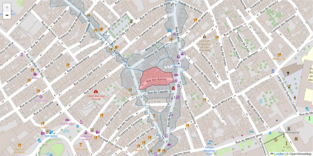 Mapa detalhado do código postal 7000-605 com limites, códigos postais vizinhos e agências dos correios