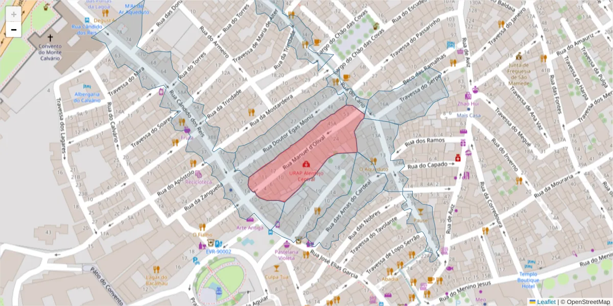 Mapa detalhado do código postal 7000-610 com limites, códigos postais vizinhos e agências dos correios