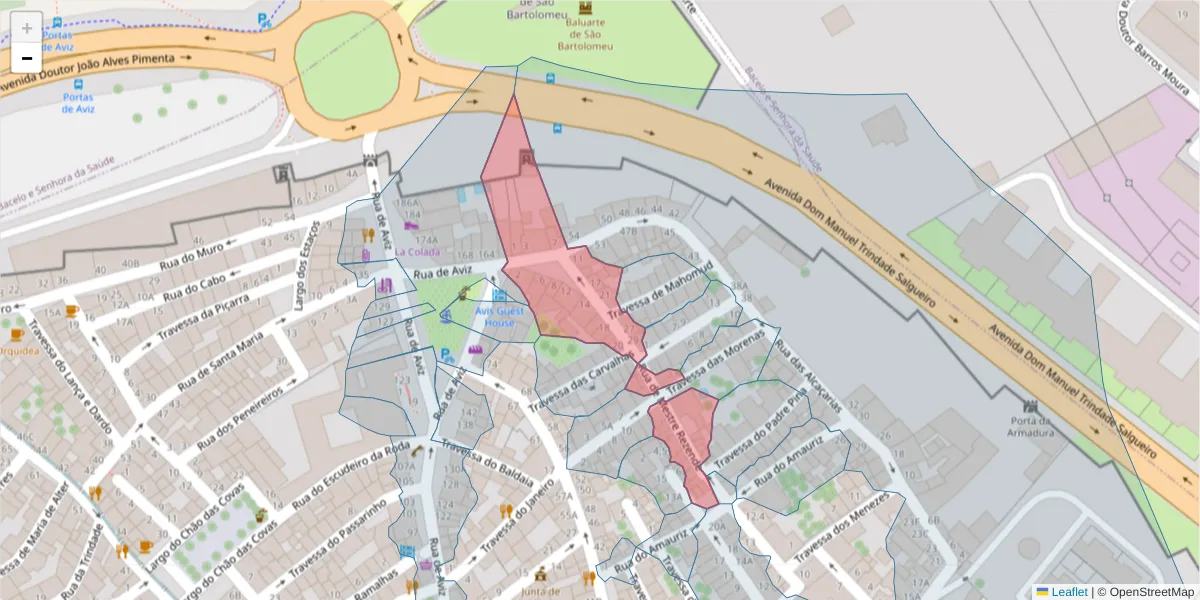 Mapa detalhado do código postal 7000-611 com limites, códigos postais vizinhos e agências dos correios