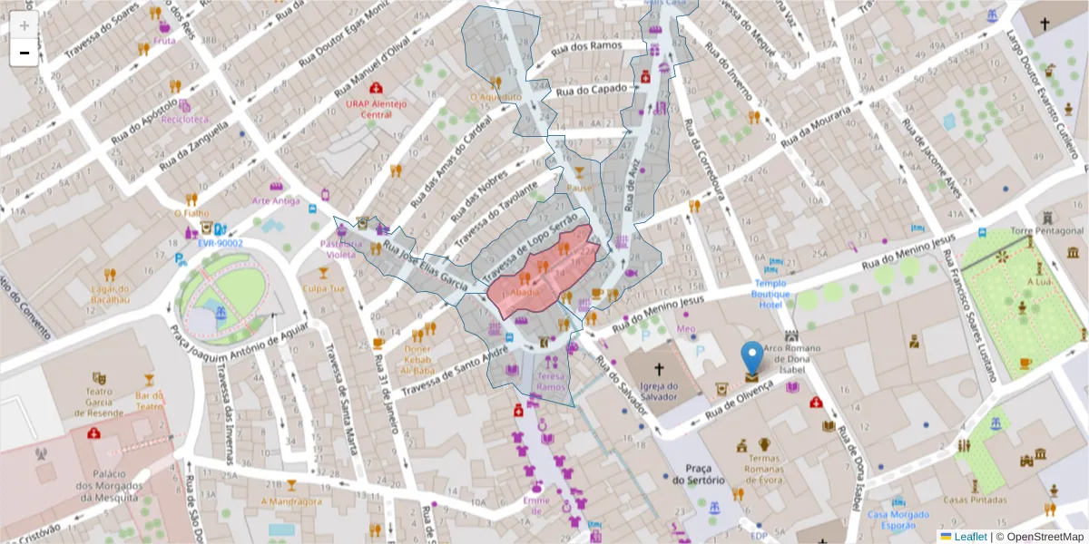 Mapa detalhado do código postal 7000-612 com limites, códigos postais vizinhos e agências dos correios