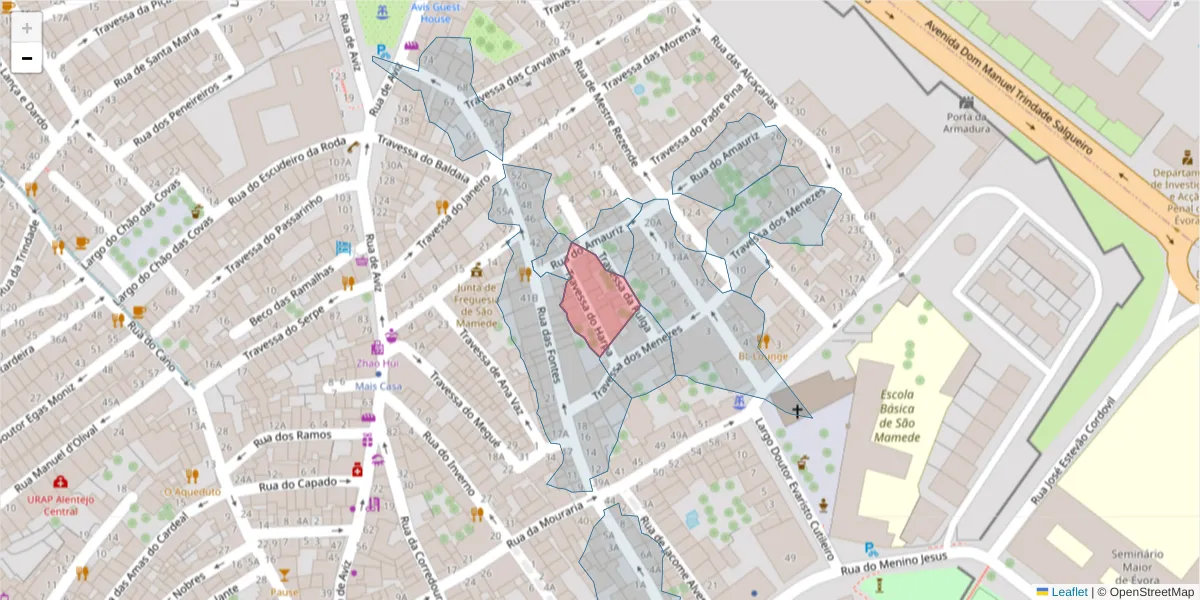 Mapa detalhado do código postal 7000-617 com limites, códigos postais vizinhos e agências dos correios