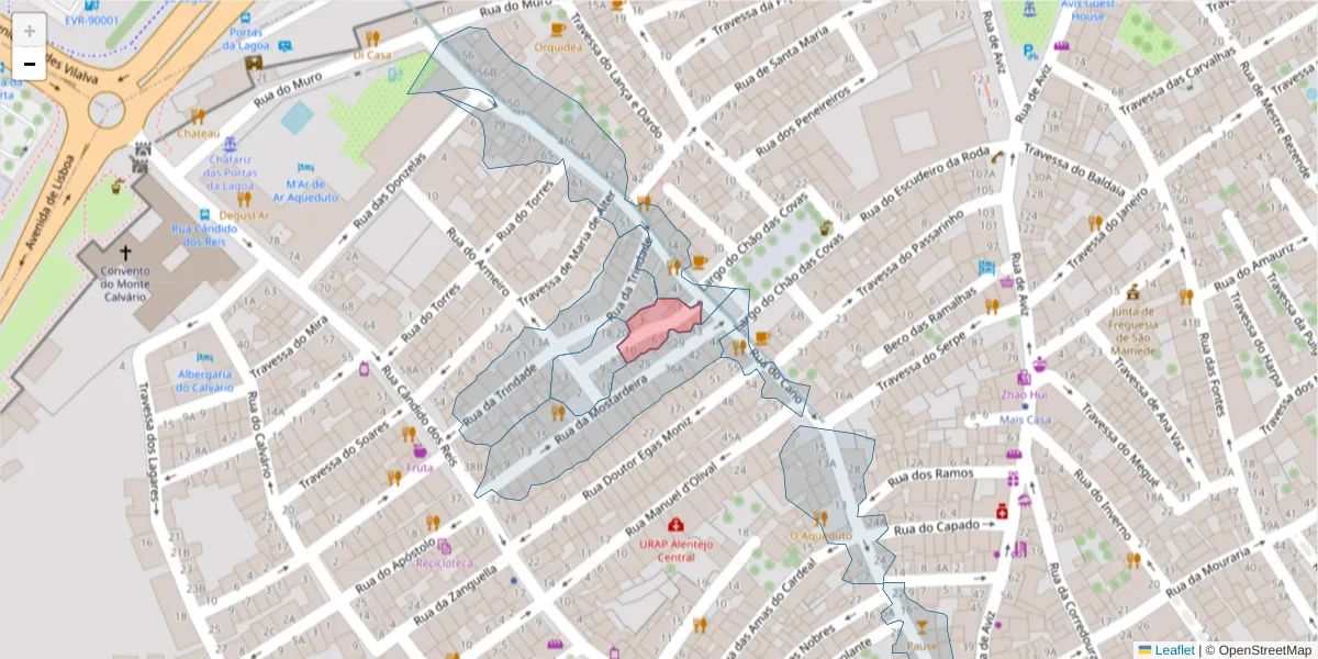 Mapa detalhado do código postal 7000-623 com limites, códigos postais vizinhos e agências dos correios