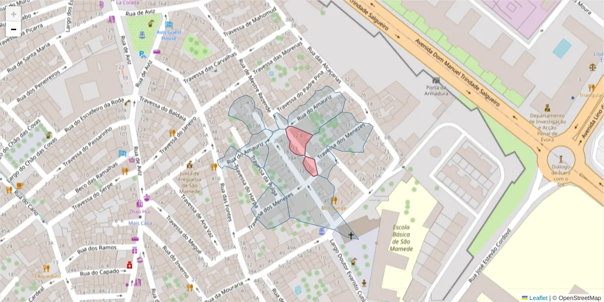 Mapa detalhado do código postal 7000-640 com limites, códigos postais vizinhos e agências dos correios