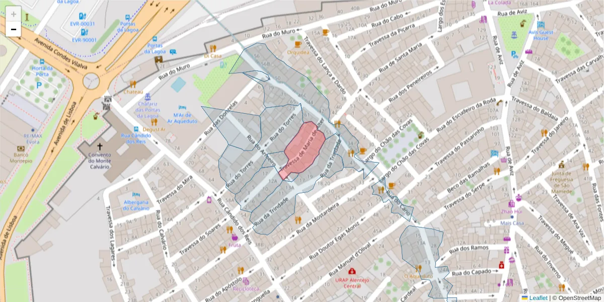 Mapa detalhado do código postal 7000-641 com limites, códigos postais vizinhos e agências dos correios