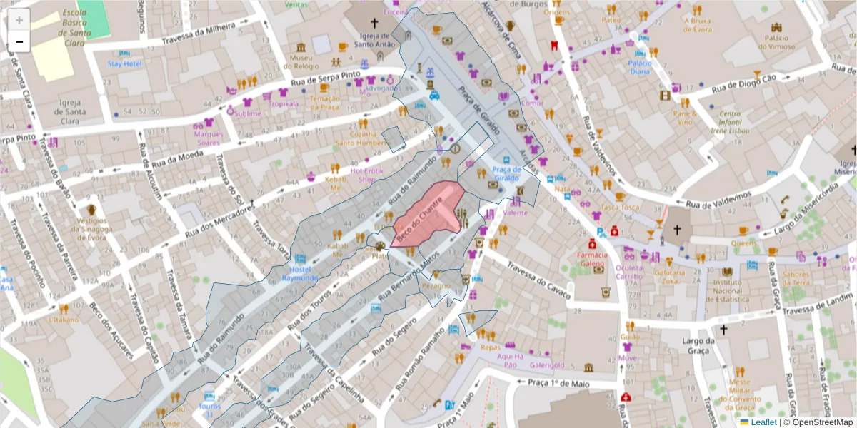 Mapa detalhado do código postal 7000-642 com limites, códigos postais vizinhos e agências dos correios