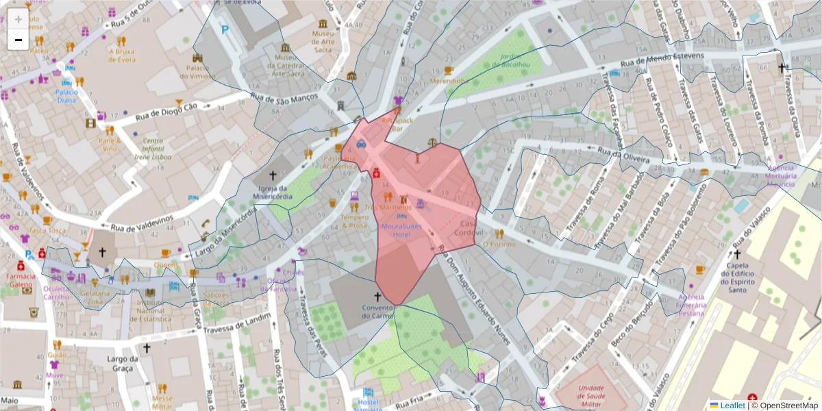 Mapa detalhado do código postal 7000-647 com limites, códigos postais vizinhos e agências dos correios