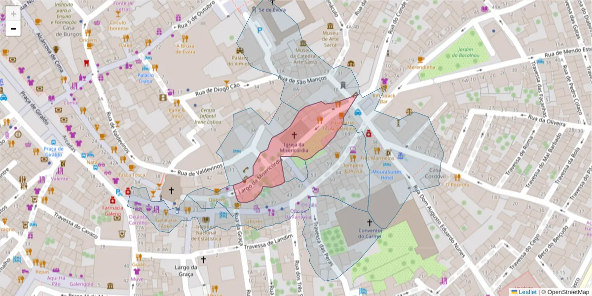 Mapa detalhado do código postal 7000-654 com limites, códigos postais vizinhos e agências dos correios