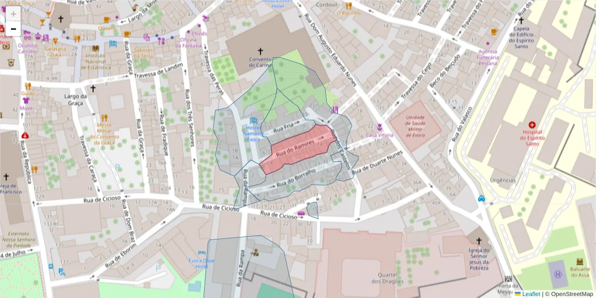 Mapa detalhado do código postal 7000-662 com limites, códigos postais vizinhos e agências dos correios