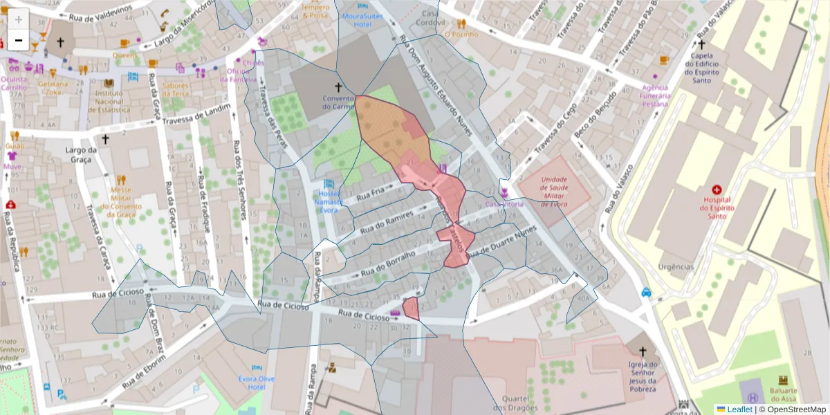 Mapa detalhado do código postal 7000-664 com limites, códigos postais vizinhos e agências dos correios