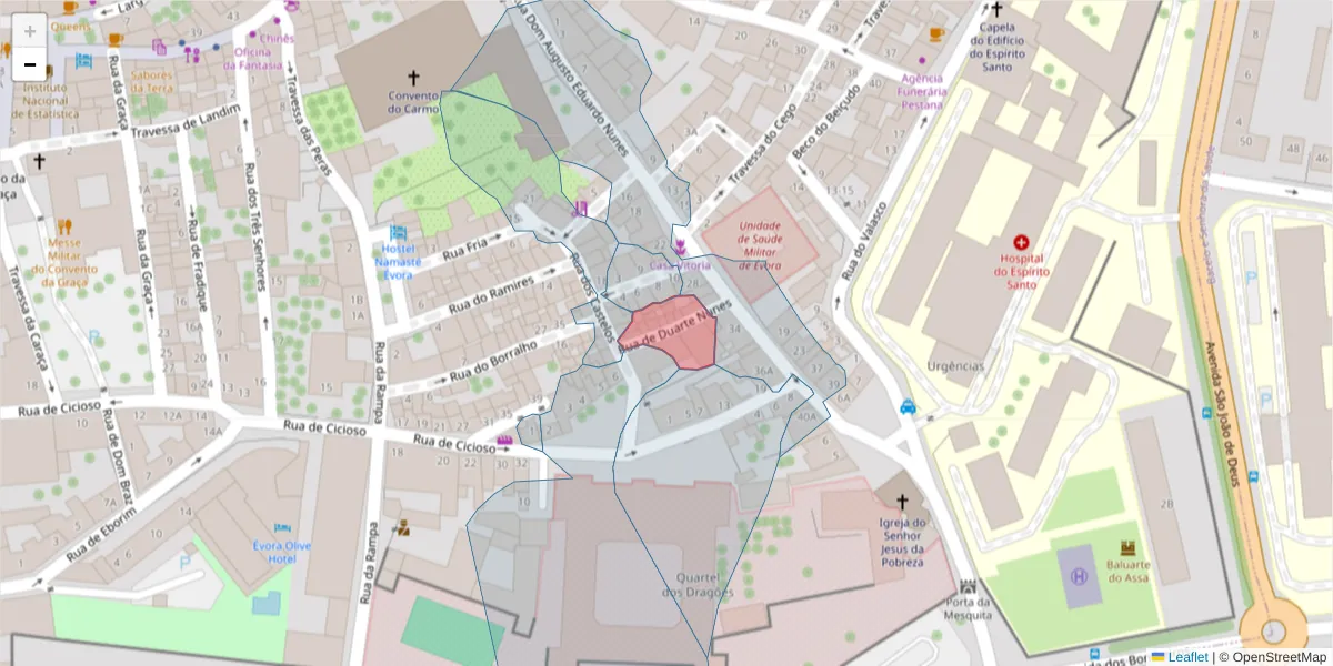 Mapa detalhado do código postal 7000-667 com limites, códigos postais vizinhos e agências dos correios