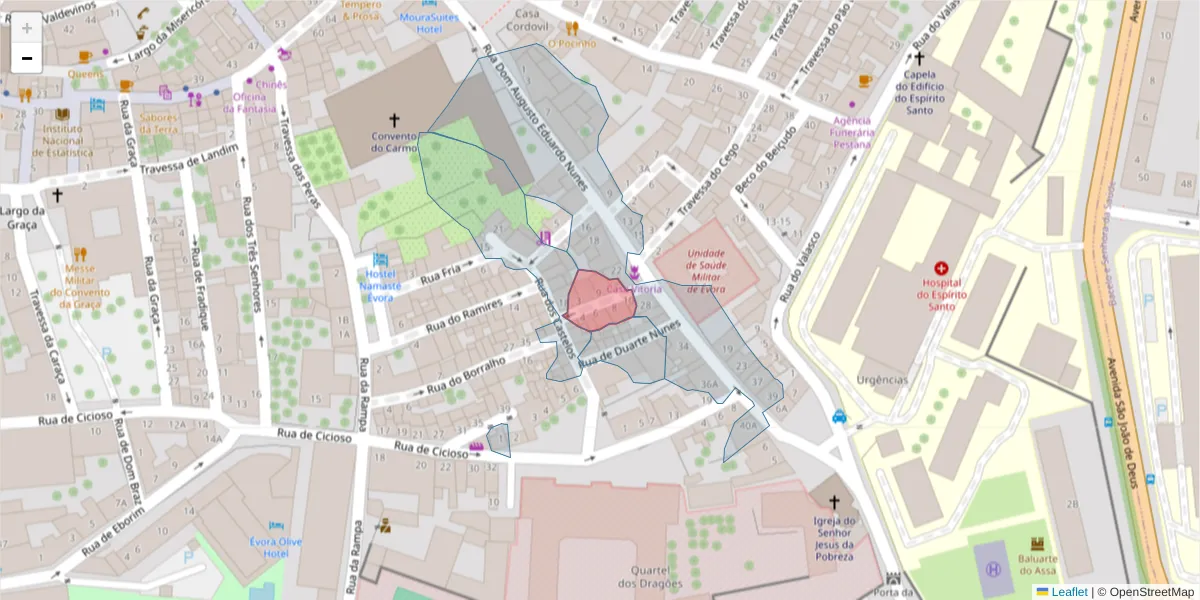Mapa detalhado do código postal 7000-670 com limites, códigos postais vizinhos e agências dos correios