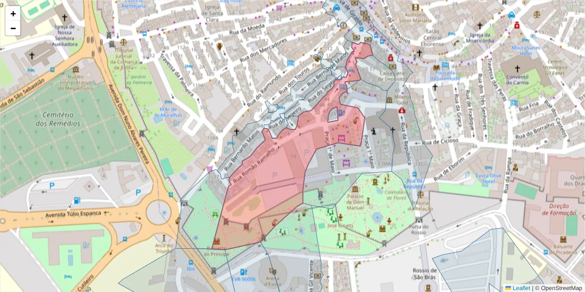 Mapa detalhado do código postal 7000-671 com limites, códigos postais vizinhos e agências dos correios