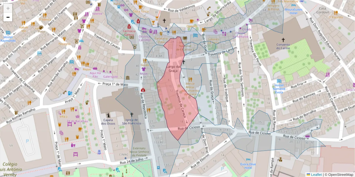 Mapa detalhado do código postal 7000-676 com limites, códigos postais vizinhos e agências dos correios