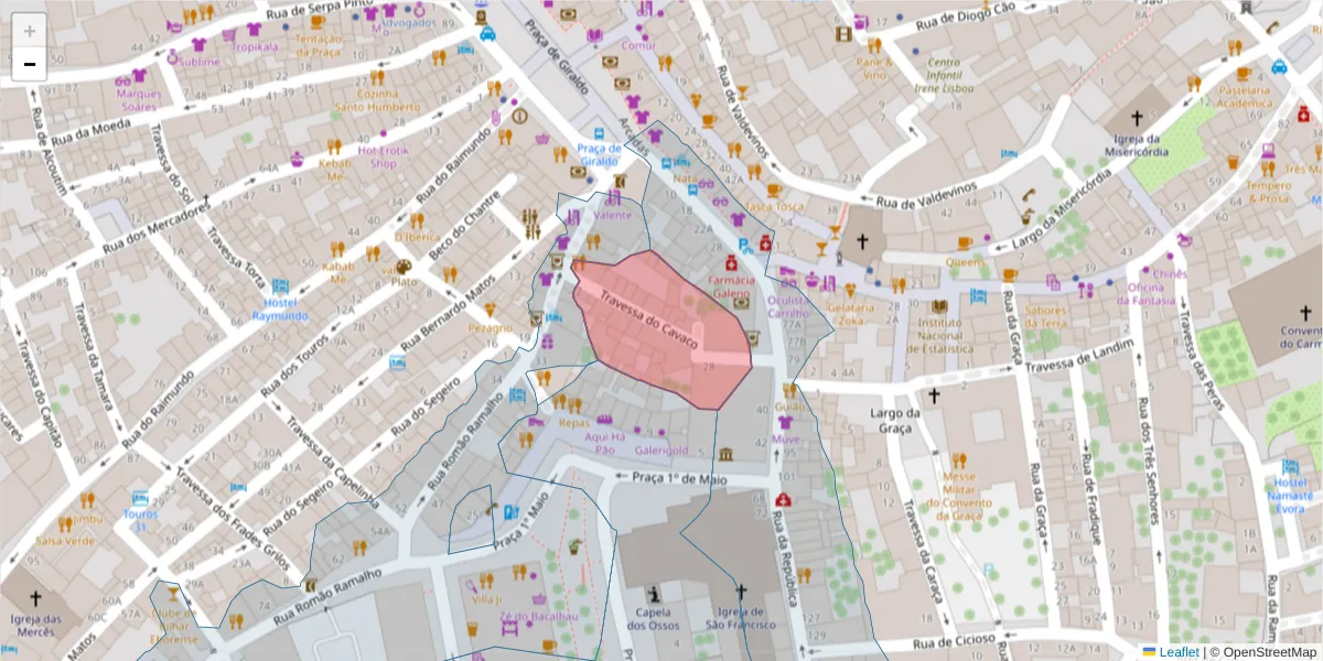 Mapa detalhado do código postal 7000-681 com limites, códigos postais vizinhos e agências dos correios