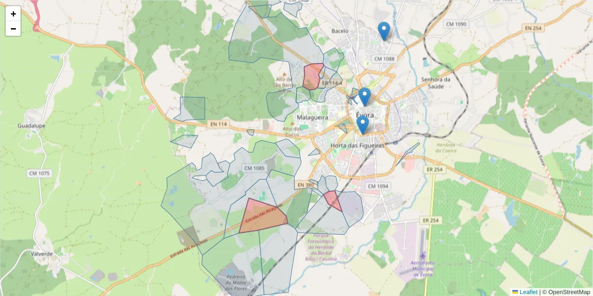 Mapa detalhado do código postal 7000-708 com limites, códigos postais vizinhos e agências dos correios