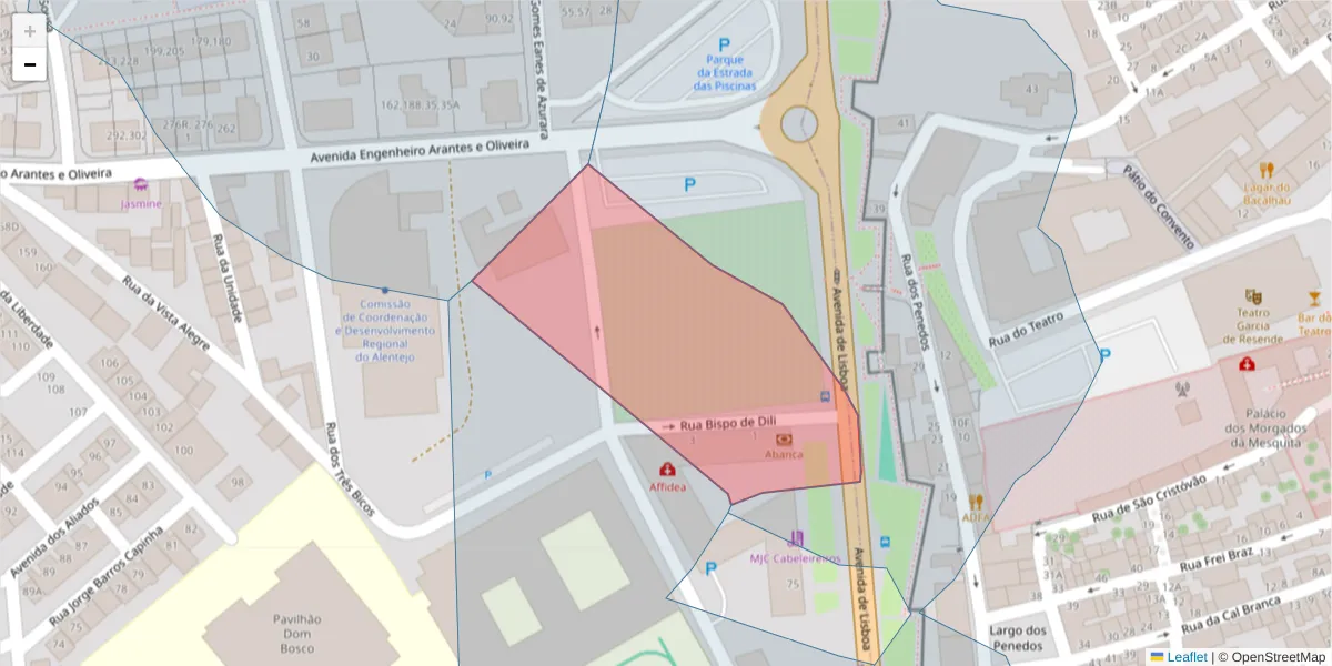 Mapa detalhado do código postal 7000-719 com limites, códigos postais vizinhos e agências dos correios
